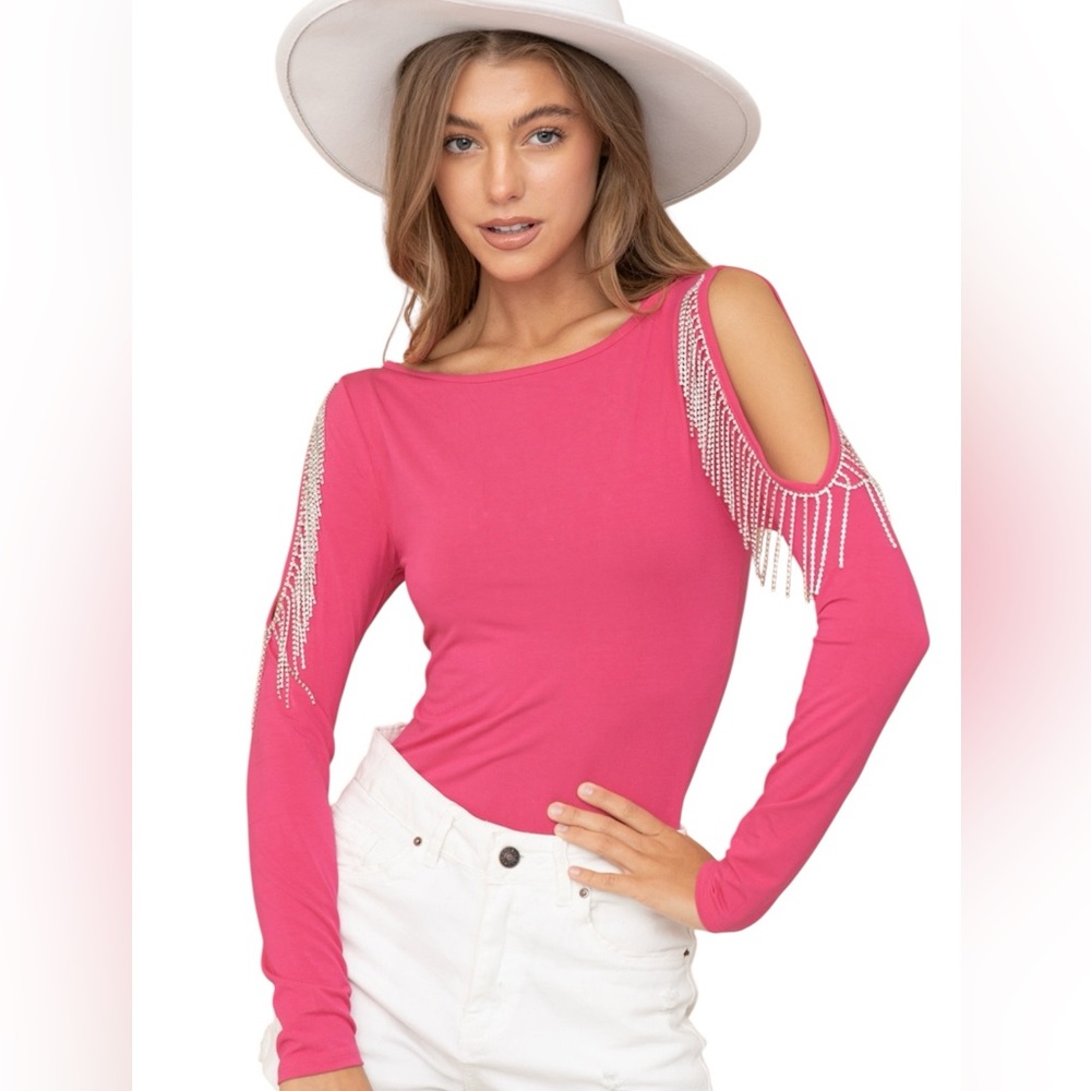 NEW blue b Hot Pink Open Cold Shoulder Rhinestone Fringe Jersey Knit Bodysuit